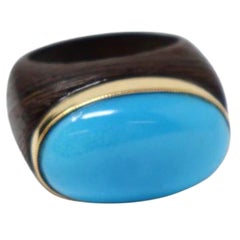 Wengè Wood 18kt Gold and Turquoise Dome Ring