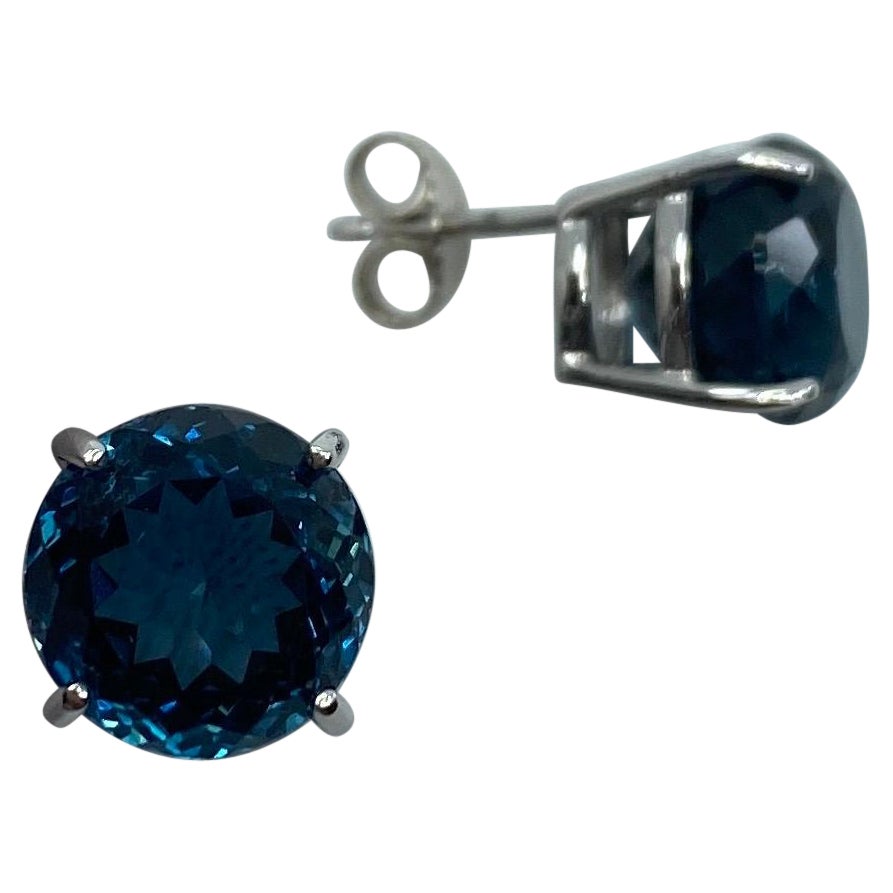 Large 15.60ct Fine London Blue Topaz Round Cut 18k White Gold Earring Studs For Sale