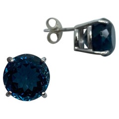 Large 15.60ct Fine London Blue Topaz Round Cut 18k White Gold Earring Studs