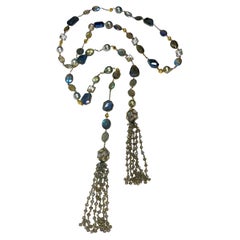 Tahitian Pearl and Labradorite Lariat Style Necklace with Tassels, 18k Gold