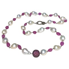 Baroque South Sea and FW Pearl Necklace with Pink Sapphires and Diamond Clasp