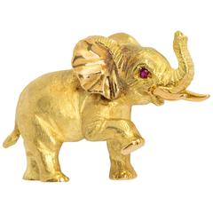 Retro Ruby Gold Elephant Brooch