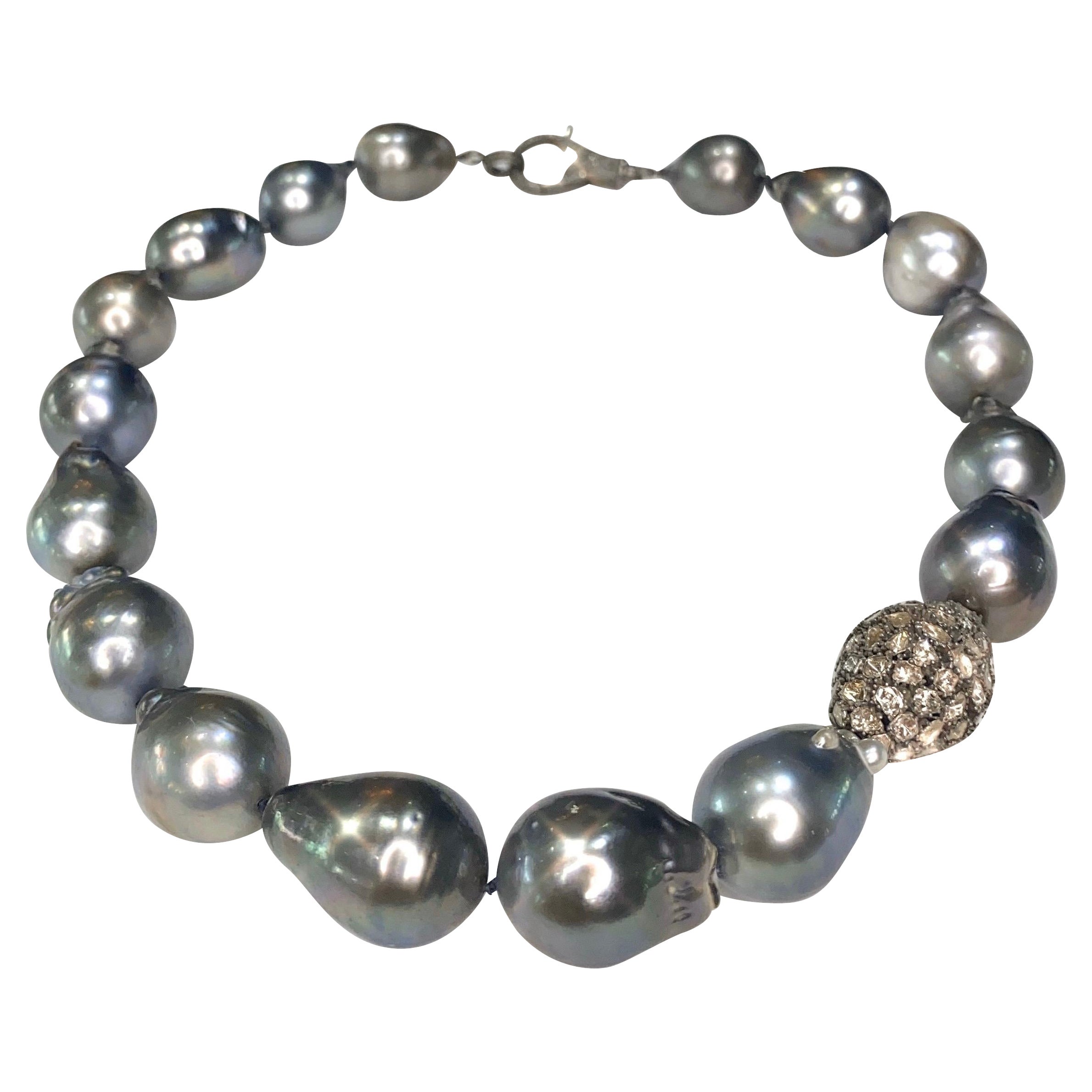 Large Baroque Tahitian Pearl Strand Necklace with Diamonds