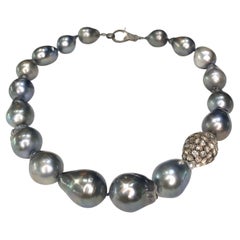 Large Baroque Tahitian Pearl Strand Necklace with Diamonds