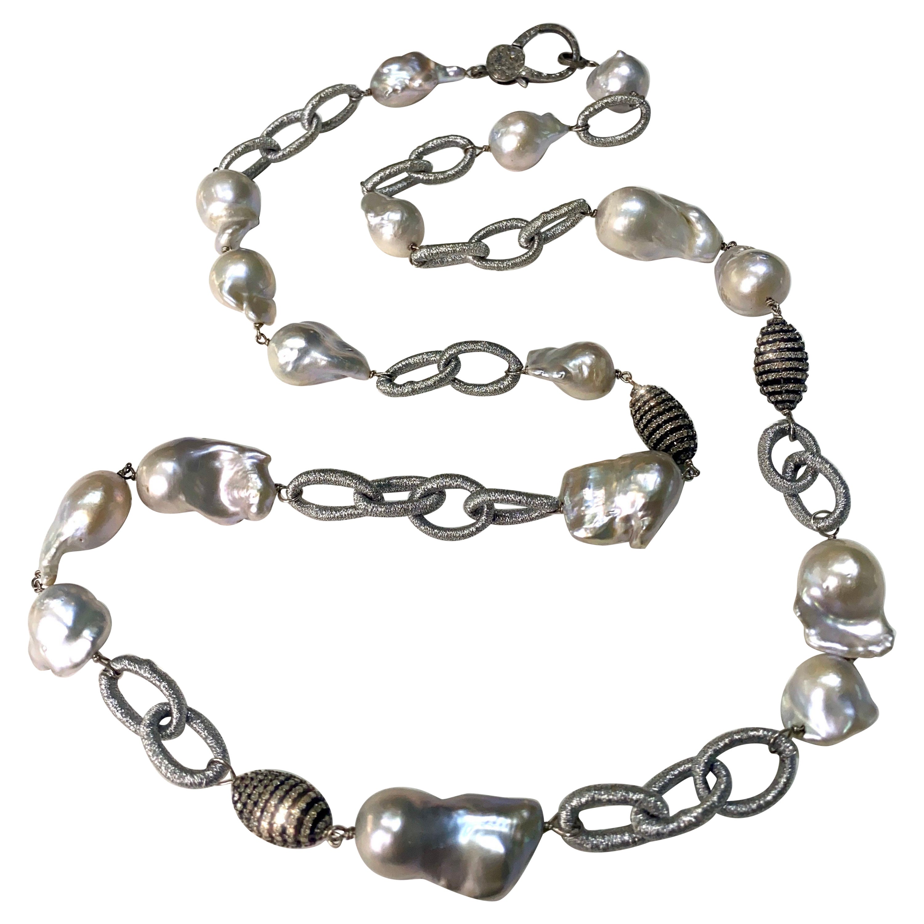 Light Silver Baroque Freshwater Pearls with Diamond Beads and Clasp