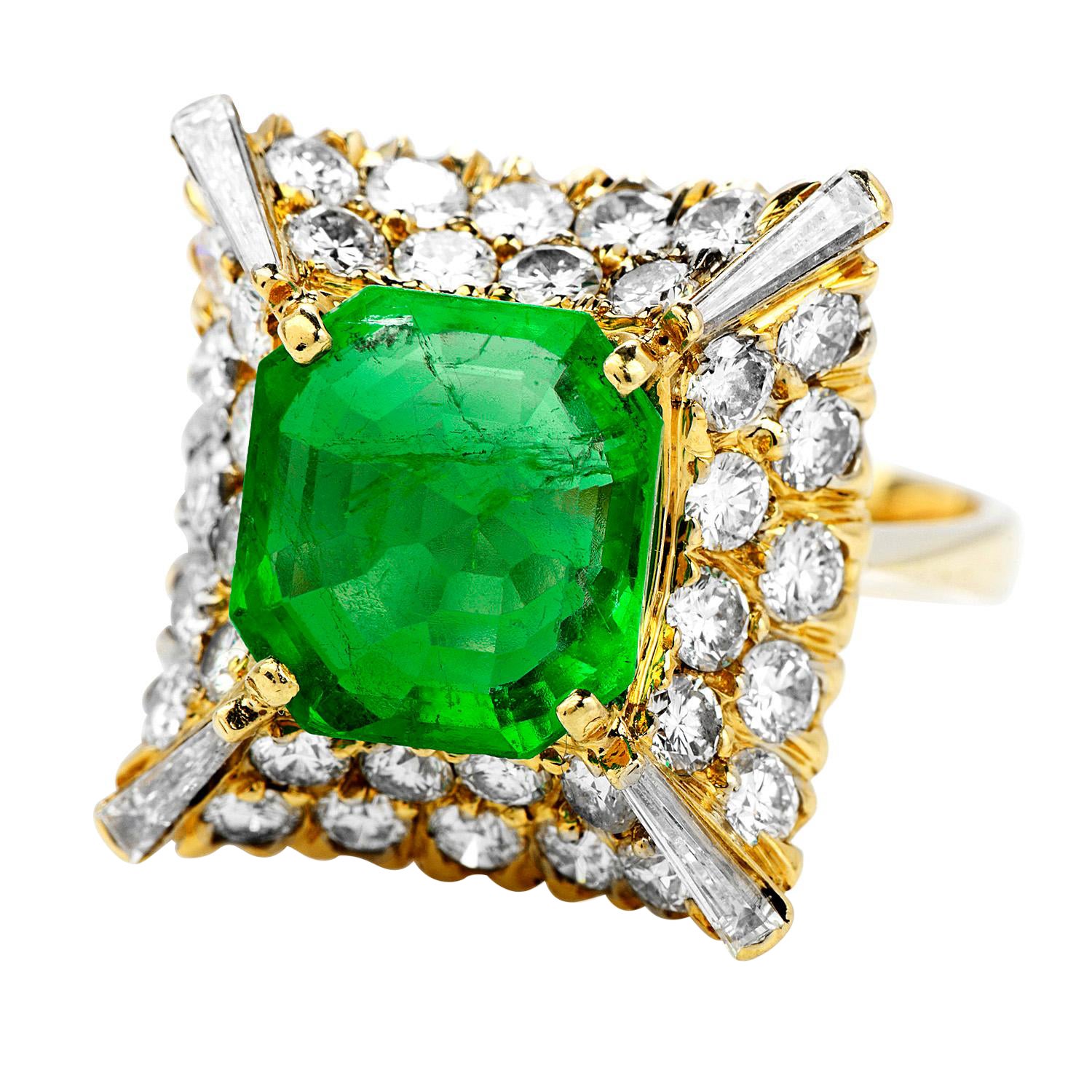1980's Colombian Emerald Diamond 18K Gold Cocktail Ring