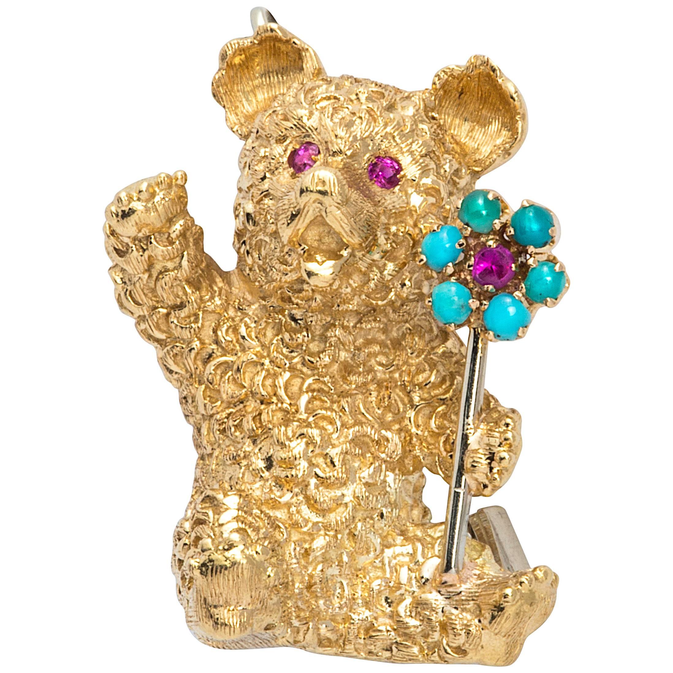 Cartier Gold Bear with Ruby and Turquoise Flower Brooch