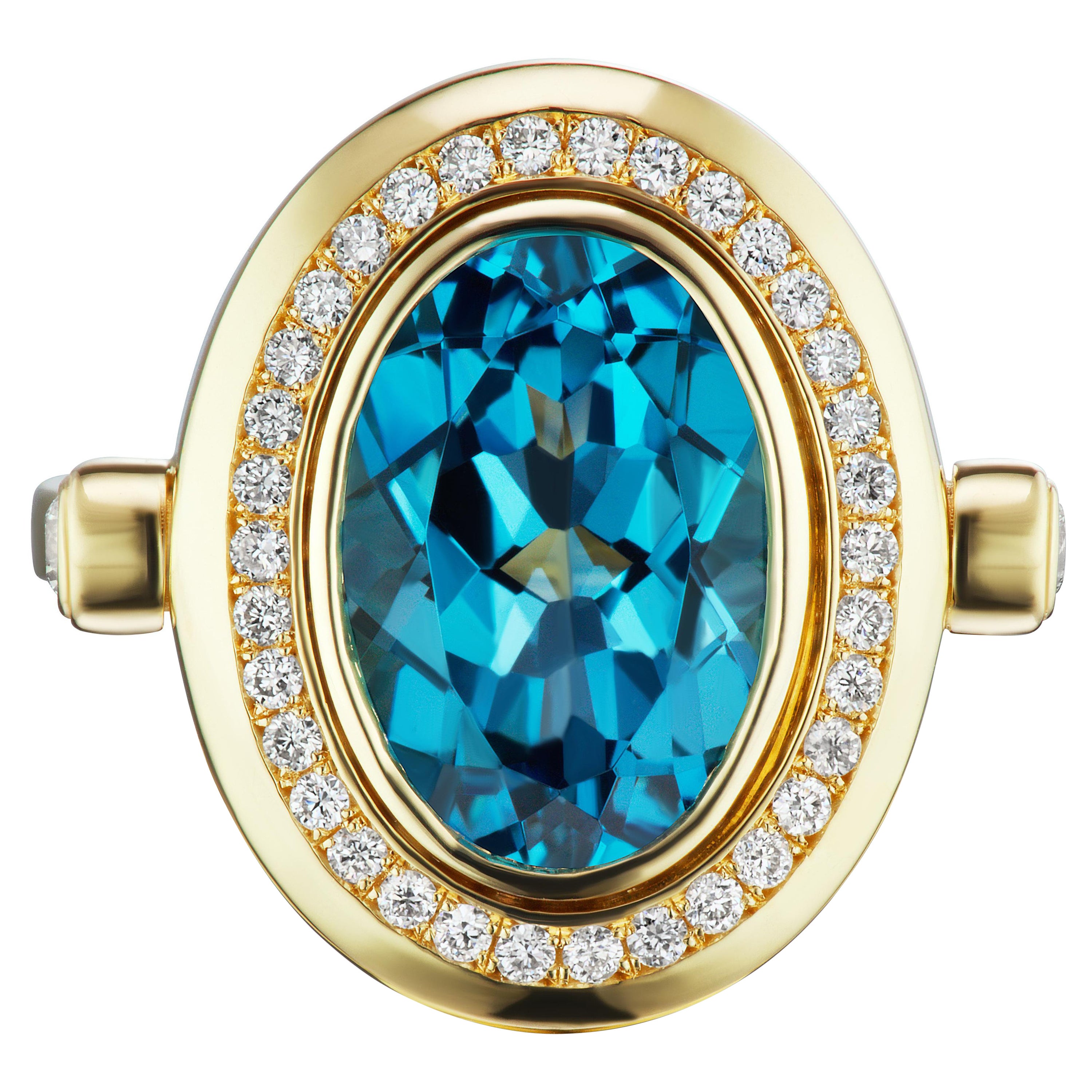 14k Solid Gold Cocktail Ring in London Blue Topaz with Diamond Halo For Sale