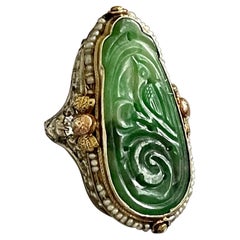 Antique Art Nouveau Jade and See Pearl 18 Karat Yellow Gold Ring