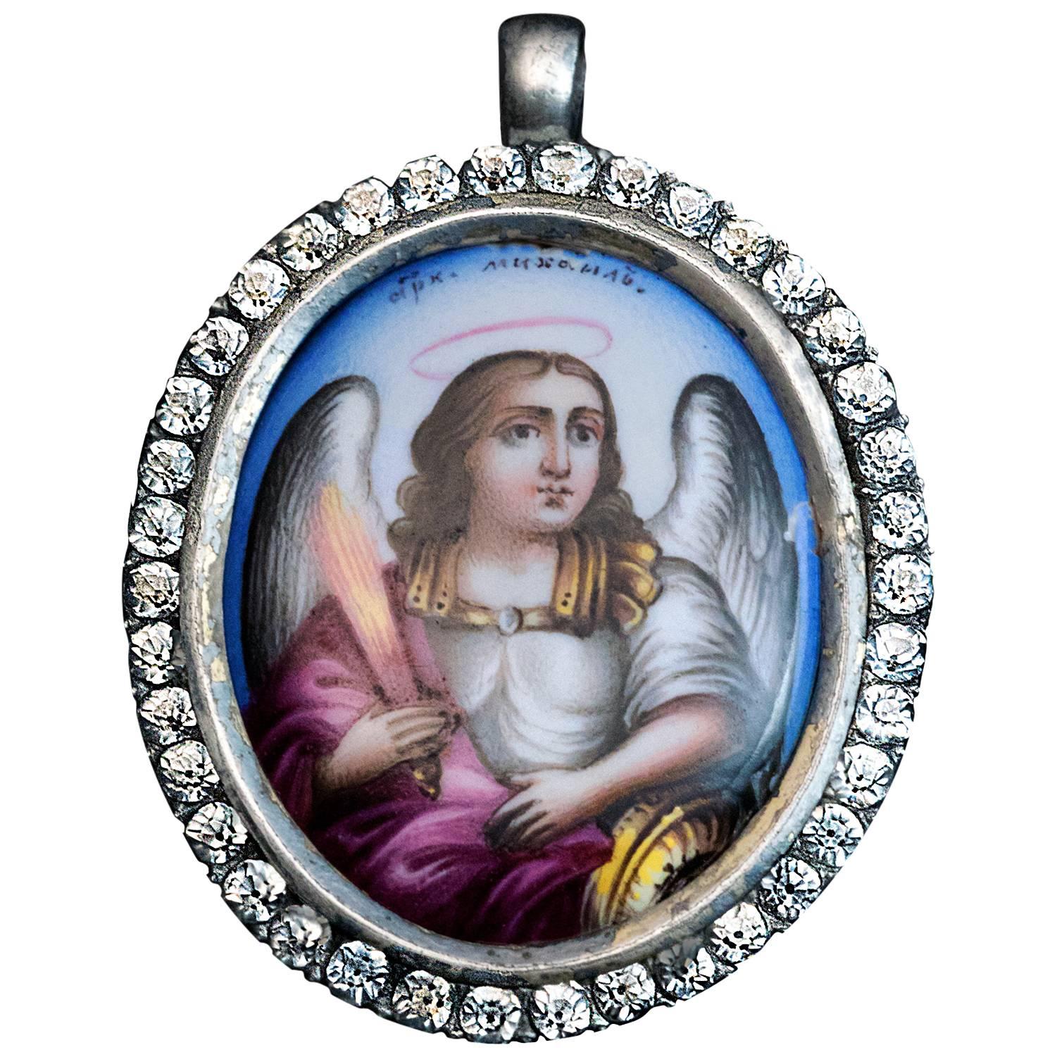 Antique Archangel Michael Enamel Icon Medallion Pendant 1853