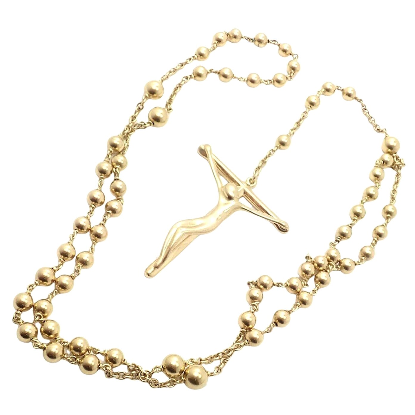 Tiffany & Co Elsa Peretti Rosary Bead Christ Cross Yellow Gold Pendant Necklace