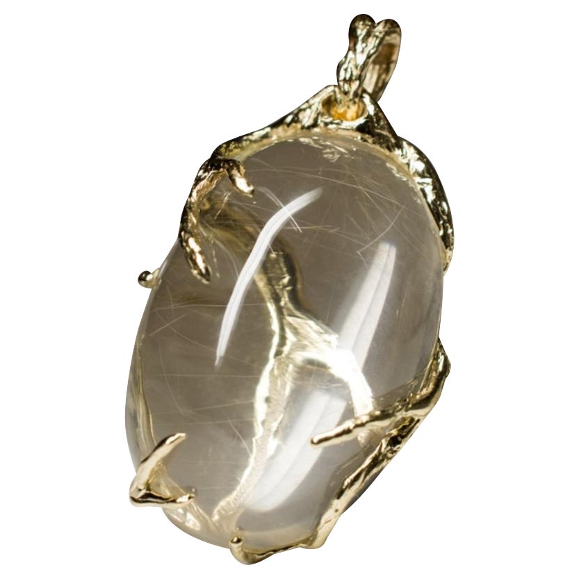Rock Crystal Yellow Gold Pendant Cabochon Gemstone Pure Clear Quartz Unisex