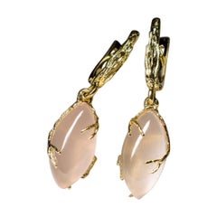 Pink Quartz Yellow Gold Earrings Rose Gems Brazilian Cabochon Gem Unisex Jewelry