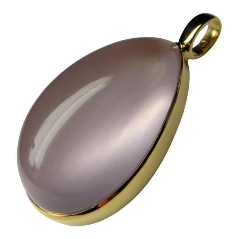 Rose Quartz Yellow Gold Pendant Pale Pink Brazilian Drop Shape Cabochon Unisex For Sale