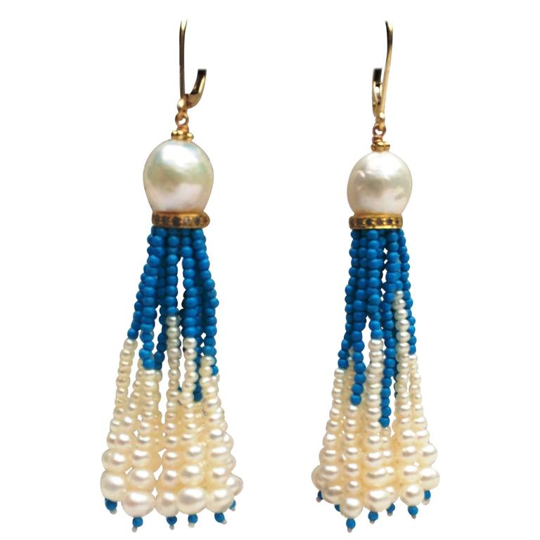 Graduated Turquoise Bead and Pearl Tassel Earrings w. 14 K Gold beads