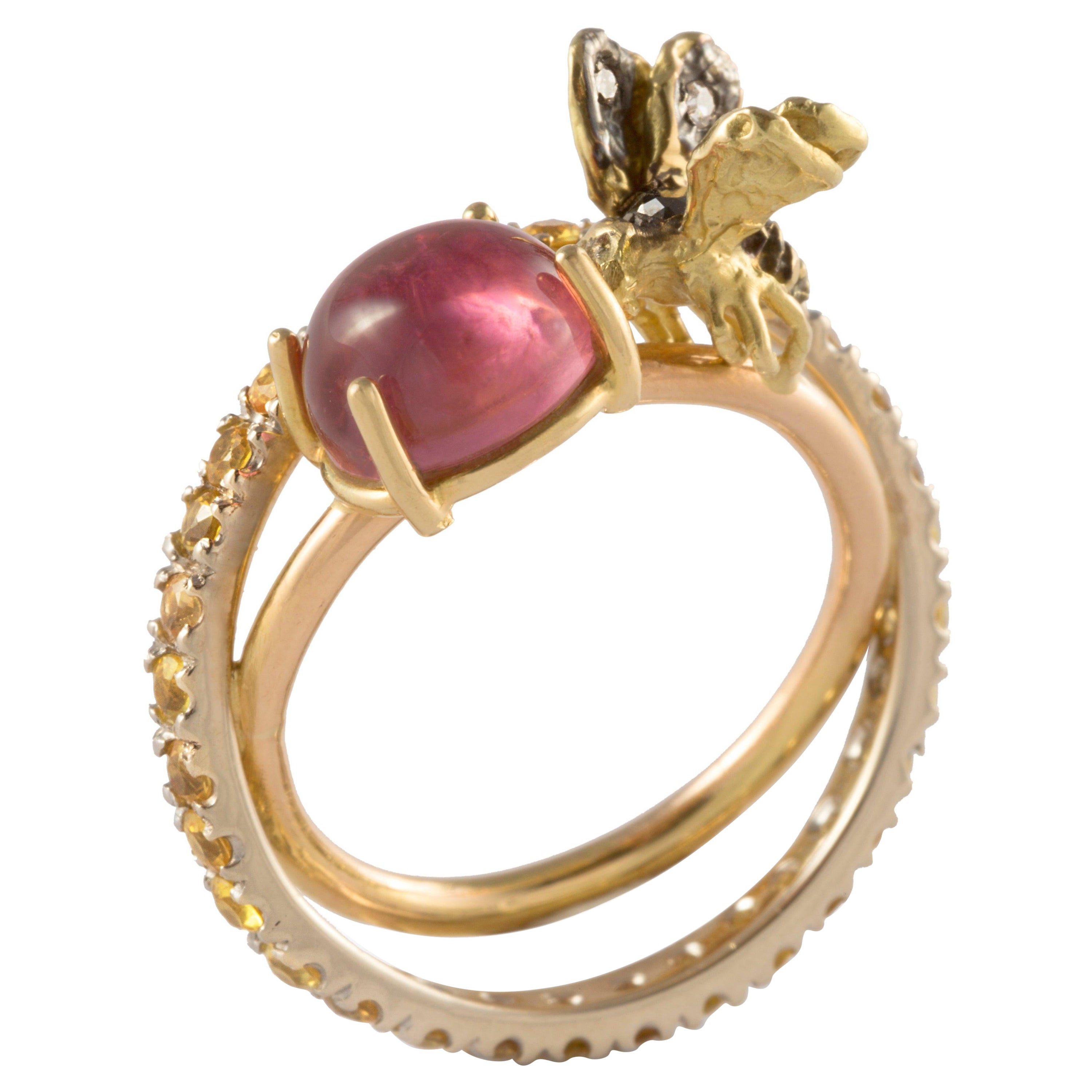 Bague en forme d'abeille en or 18 carats, tourmaline 1 carat, saphirs jaunes 3 carats et diamants