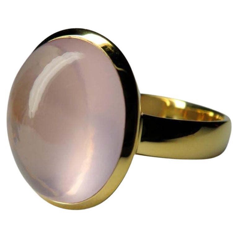 Rose Quartz Yellow Gold Ring Natural Cabochon Brazilian Stone Unisex For Sale