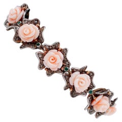 Vintage Pink Corals Flowers, Diamonds, Emeralds, 9 Karat Rose Gold and Silver Bracelet