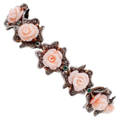 Pink Corals Flowers, Diamonds, Emeralds, 9 Karat Rose Gold and Silver Bracelet