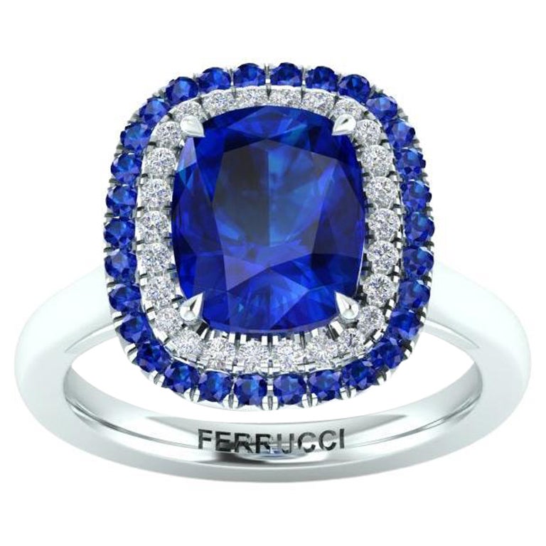 3 Ct Cushio Blue Sapphire with Sapphire and Diamond Halos Platinum Ring For Sale