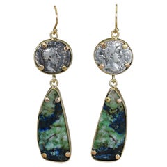 Ancient Silver Greek Coin and Azurite Chrysocolla 18 Karat Gold Dangle Earrings