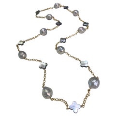 Long Gold Chain Necklace with Baroque Edison Pearls and Mother of Pearl Clovers