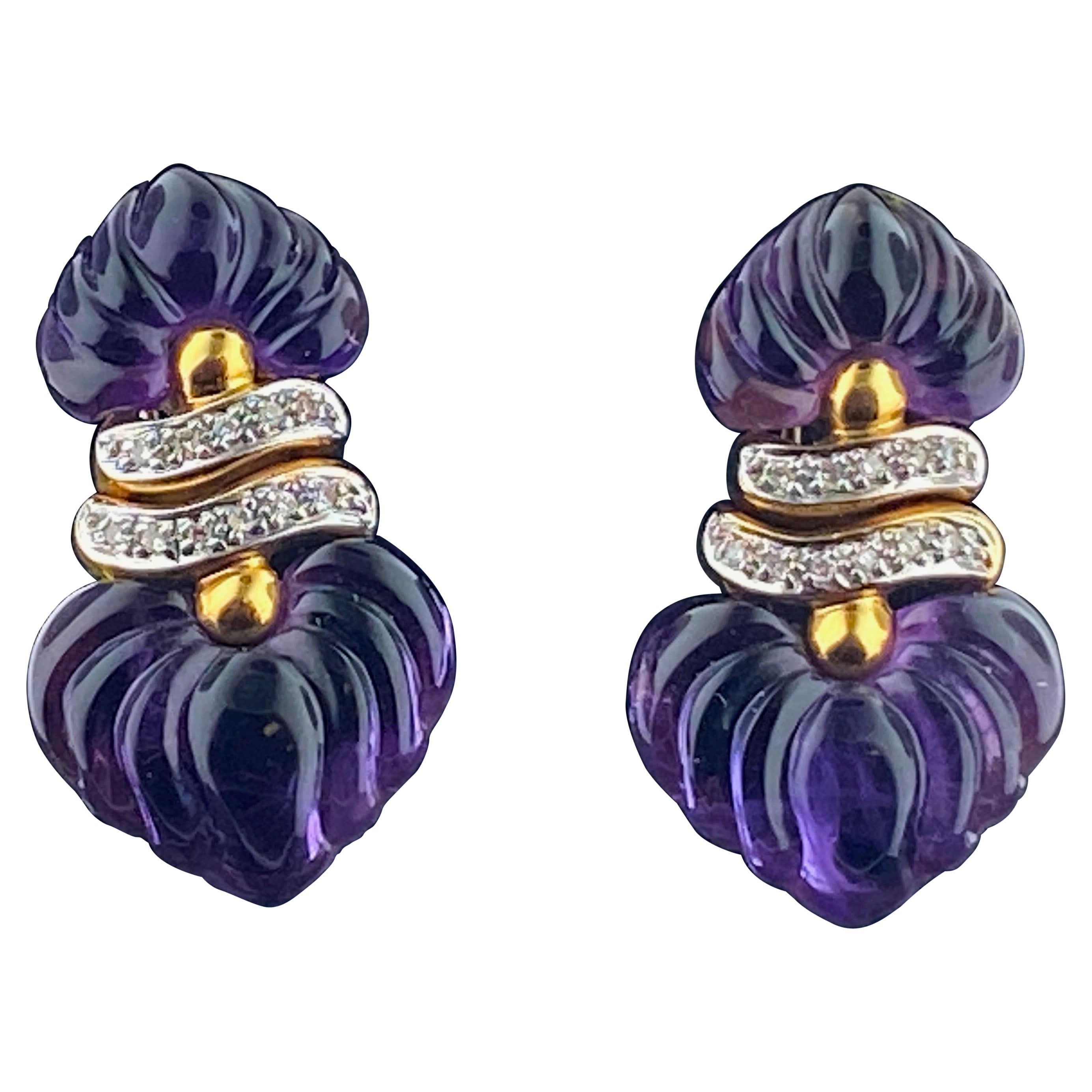 18 KT Yellow Gold Carved Amethyst & Diamond Earrings For Sale