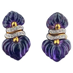 18 KT Yellow Gold Carved Amethyst & Diamond Earrings