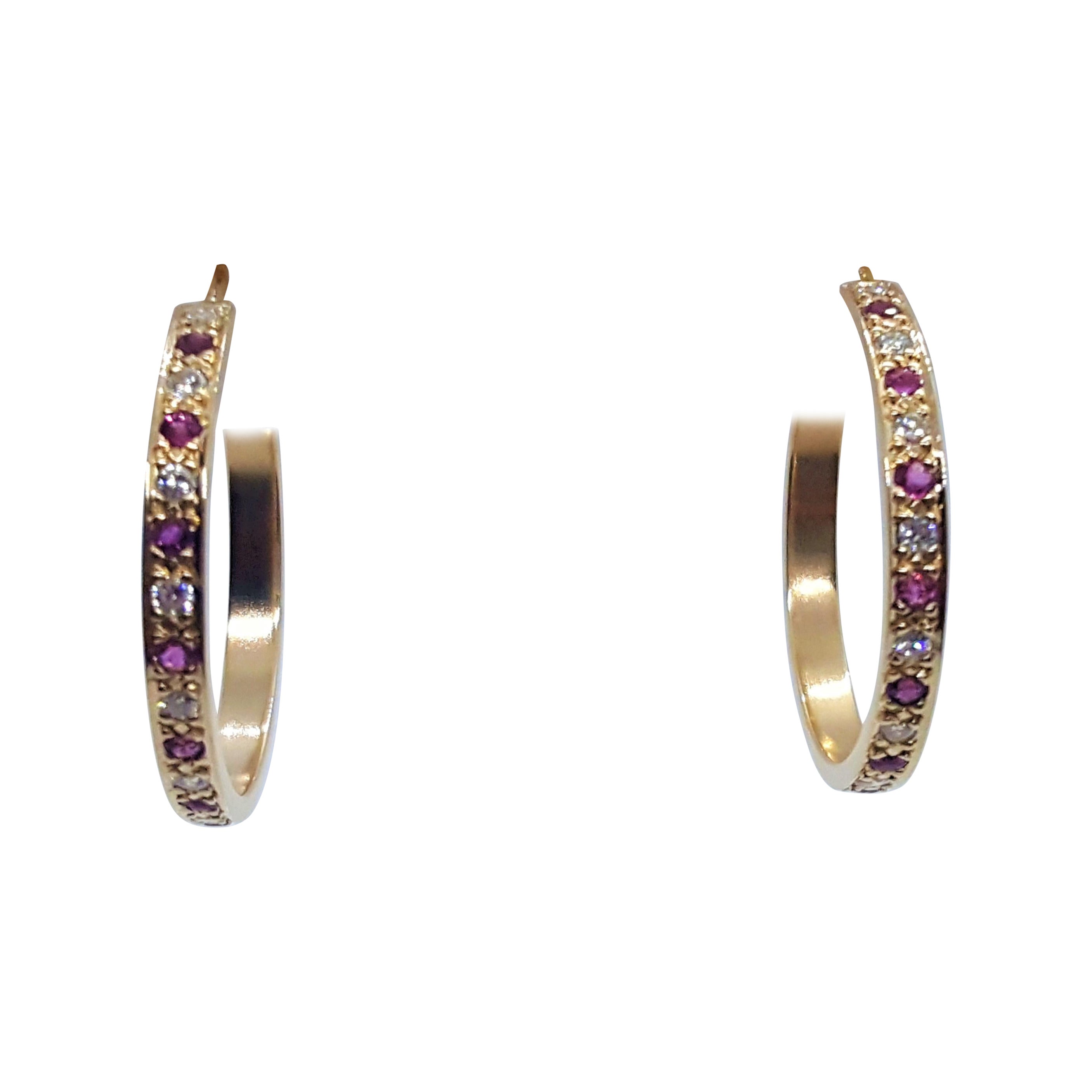 14kt Yellow Gold .15cttw Diamond .20ct Ruby Hoops Friction Posts 25mm, 3mm Wide For Sale