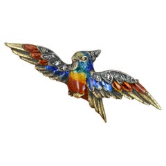 French 18 Carat Gold Enamel and Diamond Parrot Brooch