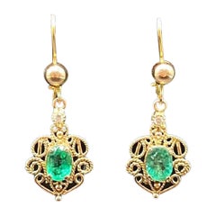Emerald, Diamond and Yellow Gold Filigree Earrings, Set of 2