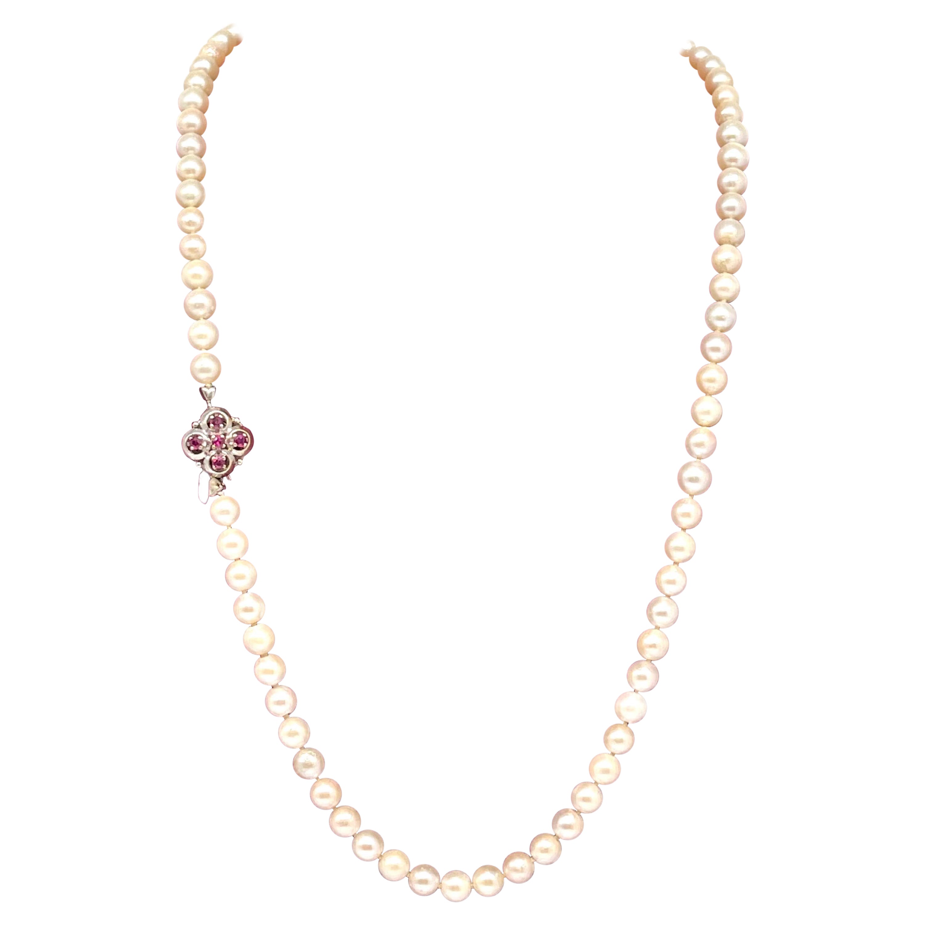 Akoya Pearl Necklace with 14 kt. White Gold and Ruby Clasp For Sale