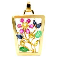 No-Diamond Multi-Colour Sapphire Ruby Emerald Flower Terrarium 18K Gold Pendant