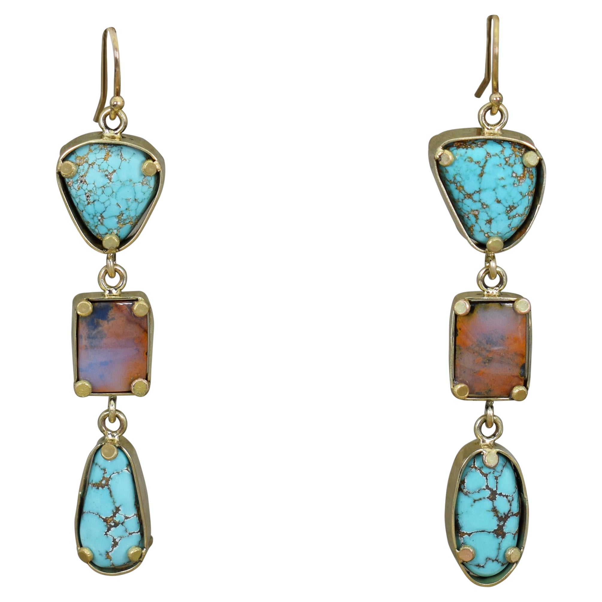 Golden Hill Turquoise & Australian Boulder Opal 18 Karat Gold Dangle Earrings