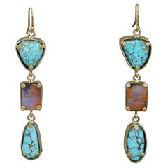 Golden Hill Turquoise & Australian Boulder Opal 18 Karat Gold Dangle Earrings