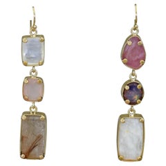 Moonstone, Opal & Pink Tourmaline 18 Karat Gold Asymmetrical Dangle Earrings