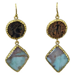 Ancient Roman Coin & Aquaprase 22 Karat Gold Dangle Earrings