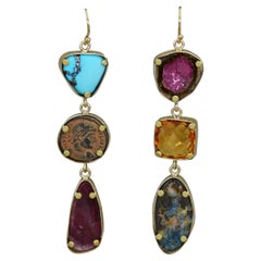 Ancient Coin, Turquoise, Opal & Tourmaline 18 Karat Gold Dangle Earrings