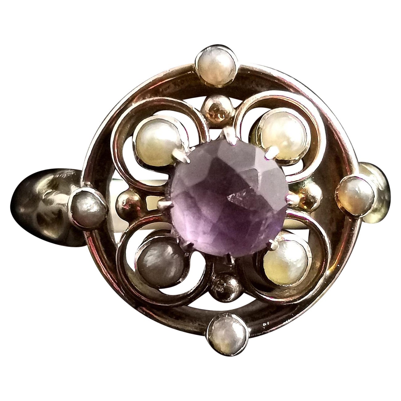Antique Amethyst and Seed Pearl Ring, 18 Karat Yellow Gold