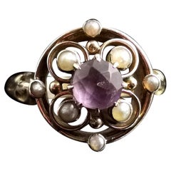 Antique Amethyst and Seed Pearl Ring, 18 Karat Yellow Gold