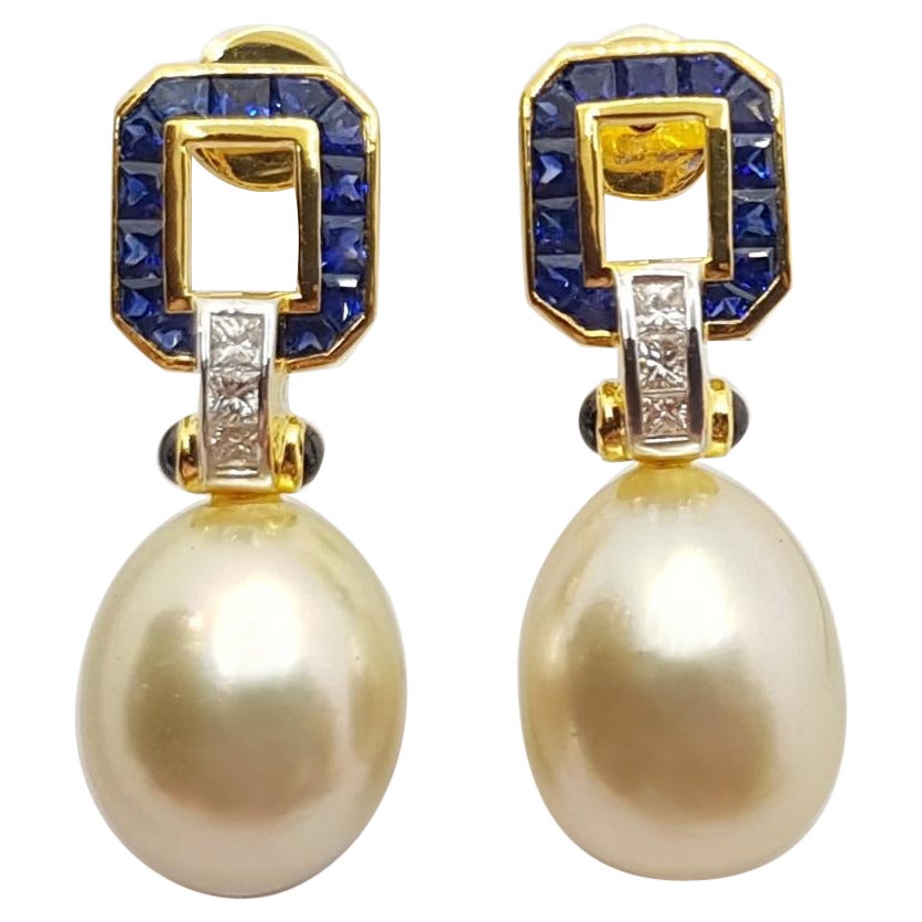 South Sea Pearl, Blue Sapphire, Diamond Earrings Set in 18 Karat Gold Settings For Sale