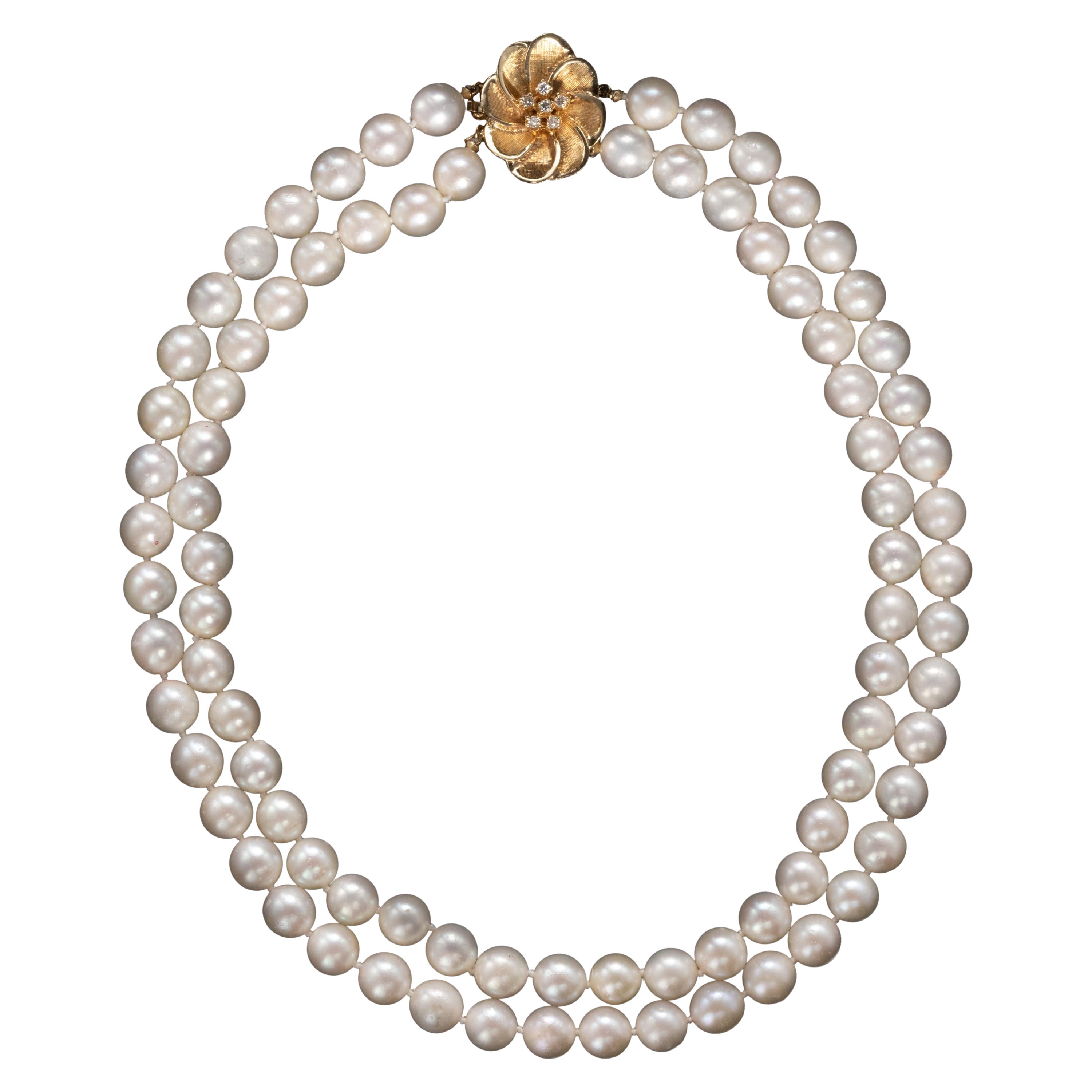 Akoya Pearl Double Strand Necklace with Gold & Diamond Clasp Pristine Midcentury For Sale