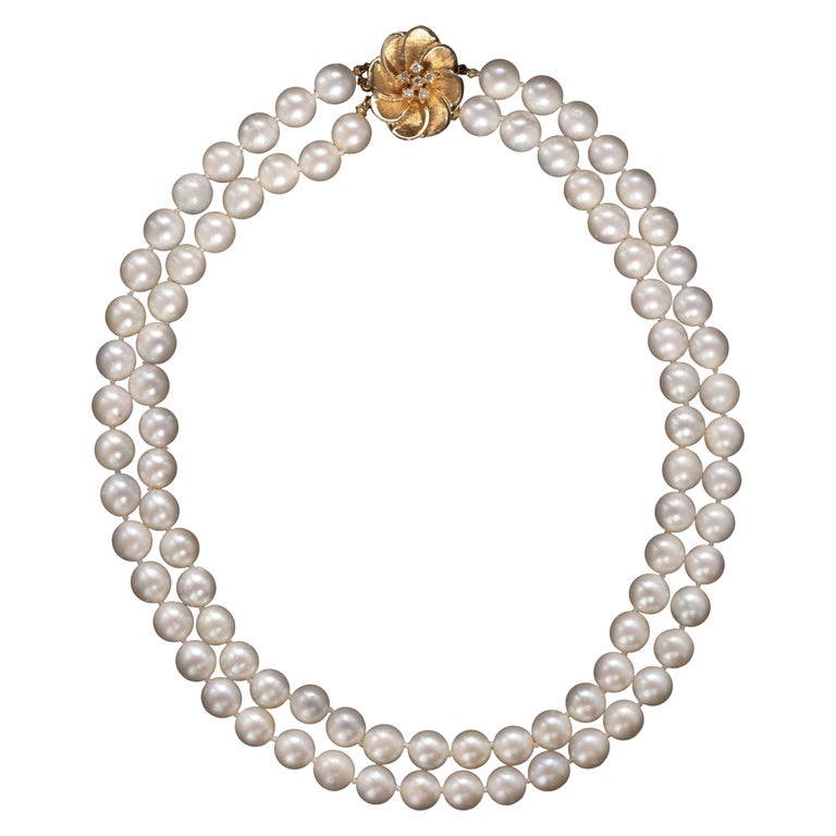 Akoya Pearl Double Strand Necklace with Gold and Diamond Clasp Pristine  Midcentury For Sale at 1stDibs