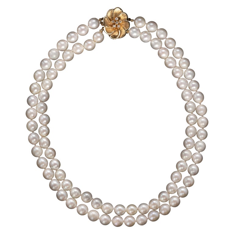 Akoya Pearl Double Strand Necklace with Gold and Diamond Clasp Pristine