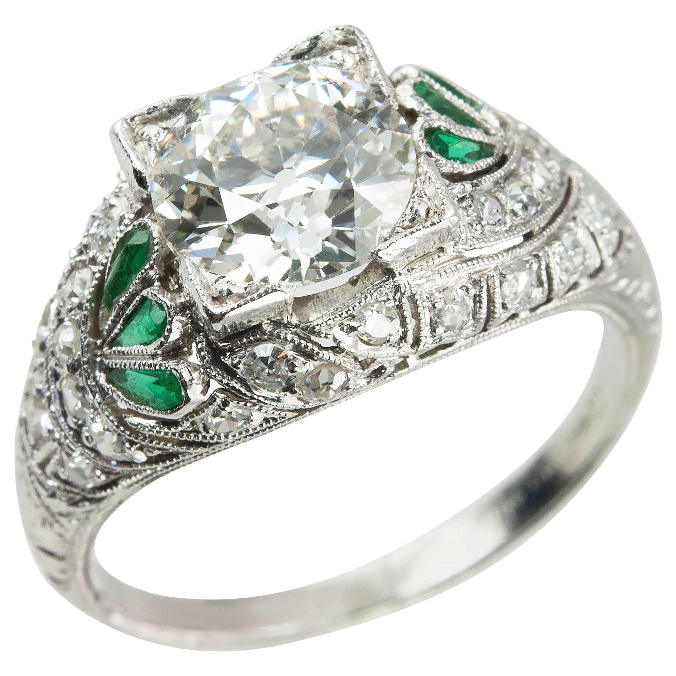 1.56 Carat Art Deco Old European Cut Diamond Platinum Engagement Ring For Sale