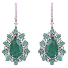 20.56 Carats, Shield Shaped Emerald & Diamonds Chandelier / Dangle Earrings