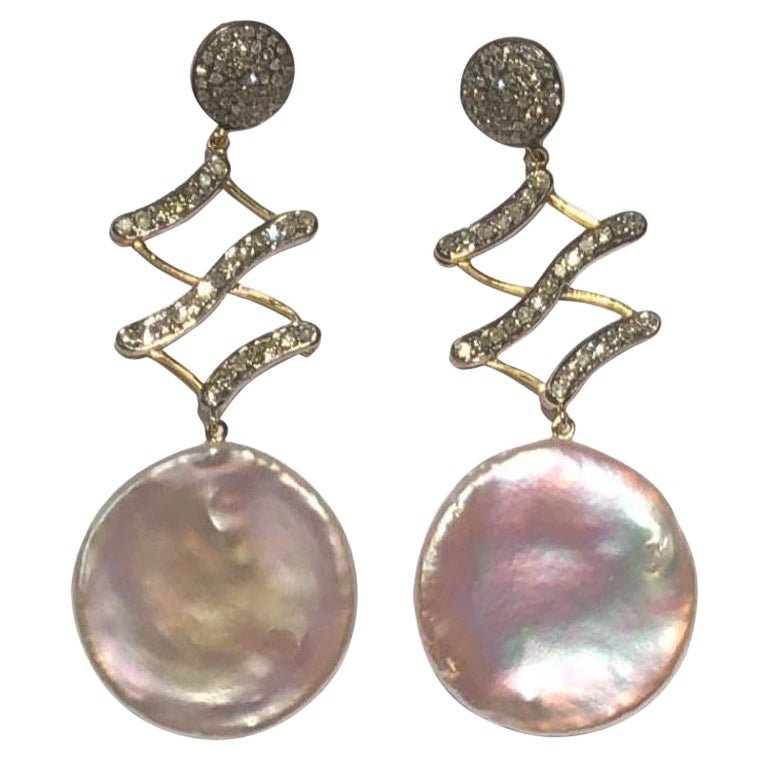 Boucles d'oreilles extensibles en perles blanches et diamants pavés en vente