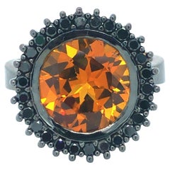 Lyon Fine Jewelry 18 Karat Black Gold Citrine and Black Diamond Halo Ring