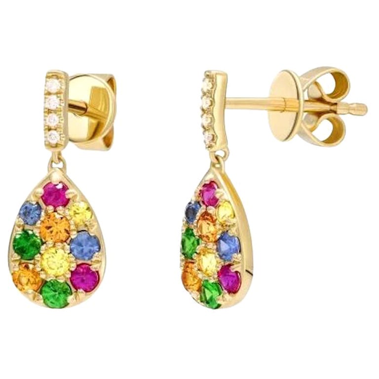 Yellow Orange Pink Blue Sapphire Diamond Drop Colourful Gold Earrings For Her For Sale