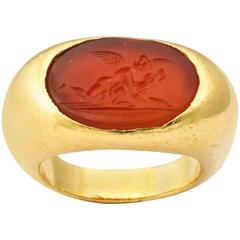  Center Carnelian Intaglio Gold Ring